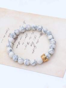 1 件天然绿松石珠手链，金皇冠弹性手链 - 白色 - 查看 5