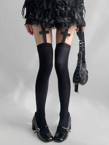 1pc Y2K Punk Style Cross Design Suspender Stockings, Sexy Black Thigh High Gothic Socks For Slim Millenial Gal, Cozy