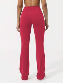 Sodalemon 女士V型提拉瑜伽健身喇叭裤，交叉腰带，运动跑步紧身阔腿裤 - 紅色 - 查看 6