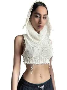 Women Knitted Hoodie Sweater Vest Sleeveless Hollow Out Hooded Crop Top Streetwear Rave Oufit - 白色 - 查看 2