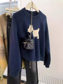 Navy Blue Cute Cartoon Autumn Sweater, Loose Soft Cozy Casual Versatile Crew Neck Knit Top - Navy Blue - View 5