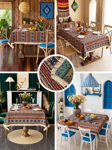 1 件波西米亚红色几何提花桌布，米色蕾丝花边装饰，适用于农舍厨房、餐厅、咖啡桌、床头柜、橱柜罩，适合晚餐、派对、生日、节日活动、所有季节、秋季 - 彩色 - 查看 2