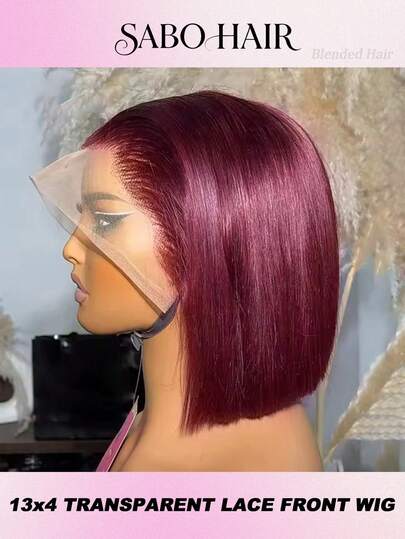 12英寸波波头假发，真人发混纺，13x4蕾丝前额假发，200%密度，直发前额高清透明短款波波头假发，女士预拔毛自然99j酒红色假发