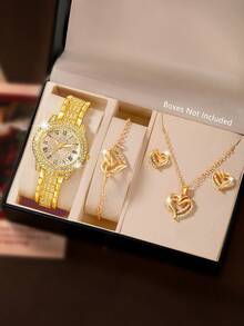 女士腕表，优雅时尚，表壳和表带镶嵌水晶，女士石英表套装，包含配套项链、耳环和手链，适合日常佩戴、生日礼物、返校季礼物、感恩节礼物、情侣礼物，最佳礼品（不含包装盒） - 金色 - 查看 8