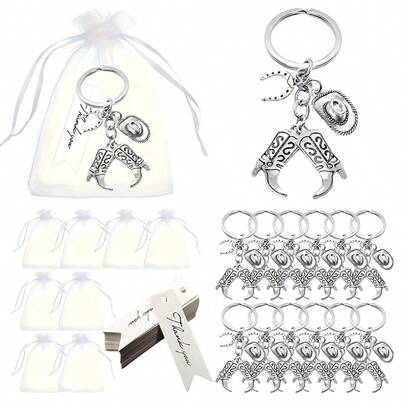 60-Pack Cowboy Western Keychain Party Favor Set - Stainless Steel Key Rings With Hat, Boot & Horseshoe Charms, Includes 20 Thank You Cards & 20 Organza Gift Bags - Equestrian Keychains For Gifts, Cowboy Themed Party & Wedding Thank You Presents