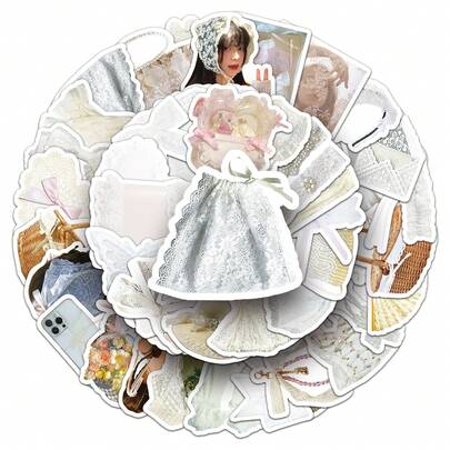 50 adesivos estilo renda, cor branca fofa e fresca, adesivos decorativos à prova d'água para diário, copo de bebida