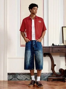 男士字母格纹宽松短袖梭织红色衬衫，街头风 - 彩色 - 查看 5