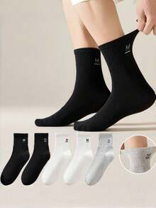1/5 Pairs Of Women's Mid-Tube Letter M Mid-Tube Socks For Couples, Sports Fashion, High Elasticity, Not Tight Socks, Can Be Worn At Any Time, Comfortable Socks That Do Not Interfere With The Feet, Simple, Versatile And Breathable Socks