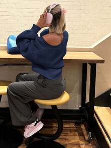 FOR BEAUTY 海军蓝休闲针织开衫，女士秋冬新款宽松单排扣V领长袖柔软毛衣上衣，新年 - 寶蘭 - 查看 5