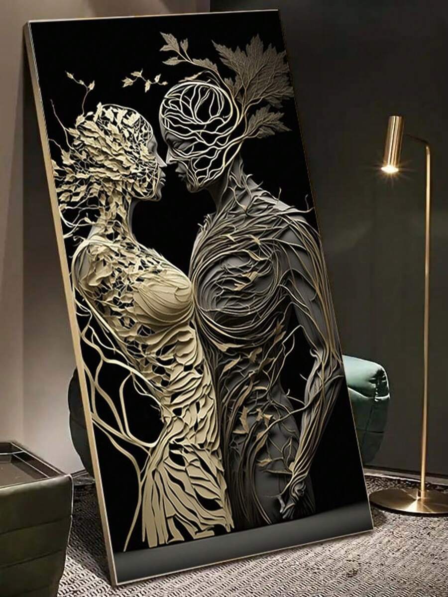 1pc Frameless Modern Two Lovers Canvas Art, Elegant Black & White Figures With Intricate Floral Patterns, Ideal For Living Room And Bedroom Decor, Elegant Wall Art|Surreal Decor|Frameless Canvas - Multicolor - View 1