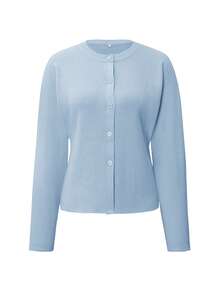 Live To Mo黑色长袖纽扣开衫，休闲Y2K风格。非常适合情人节、外出和日常穿着。 - 藍色 - 查看 3