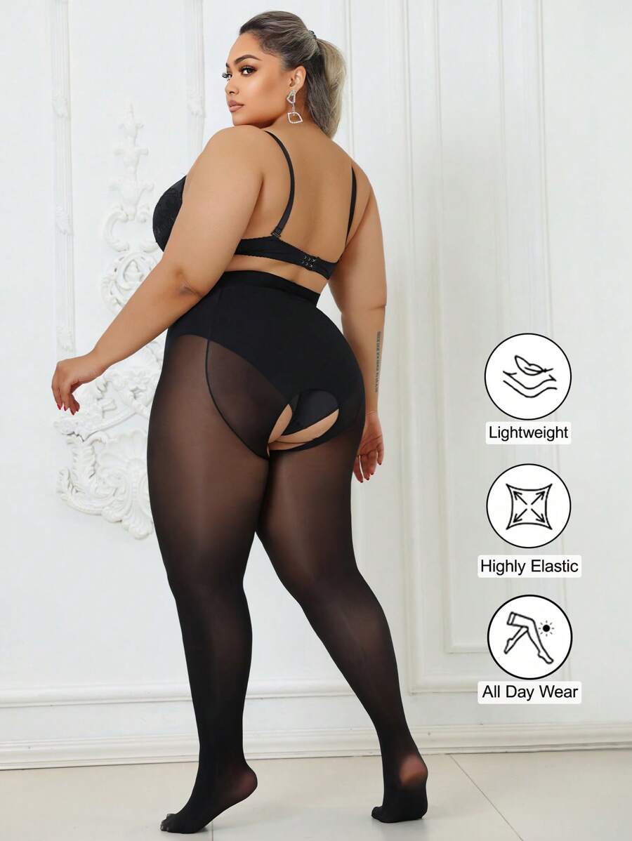 1pc 80D Women Curve Tights, High Elasticity Skinny , Open Crotch Tights, Slightly Sheer Sexy Pantyhose, Black Stockings, Fashionable & Versatile, Suitable For Up To 300lbs, Cozy - Black - View 1