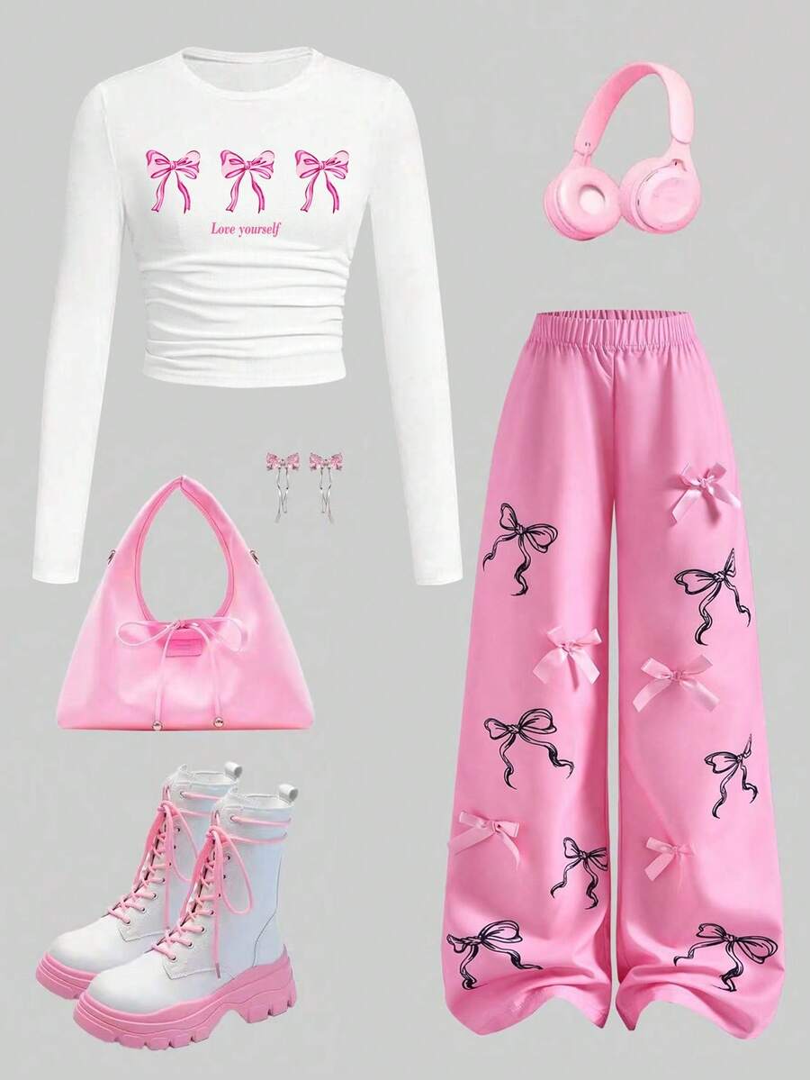 2件套女童蝴蝶结印花长袖上衣和蝴蝶结数码印花裤套装 - 白色 - 查看 1