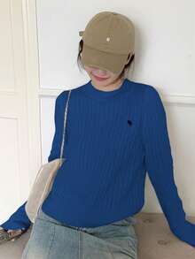 韩版优雅纹理圆领女式长袖刺绣套头毛衣