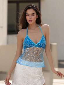 Women's Summer Halter Tank Tops Sequin Bead Sheer Mesh Sleeveless Backless Cropped Vest For Party