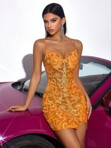 Elegante abito da festa corto con scollo a V in rete, spalline con ricamo di perline, colore giallo latte, senza schienale (posizione del ricamo casuale), adatto per ballo di fine anno, compleanno, appuntamento serale, festa di laurea, matrimonio, ricevimento di famiglia e cocktail festa - Arancione - Visualizzare 5