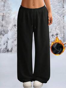 女士保暖加厚休闲直筒裤，冬季日常简约休闲保暖加厚长裤，柔软直筒裤，女装，女士长裤 - 黑色 - 查看 3