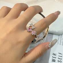 1pc Pink Rhinestone Bowknot Ring, Unique Design Pink Heart Fashion Adjustable Midi Ring For Women - Pink - View 3