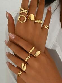 10pcs/Set Geometric Curve Rings, Hinged Rings, Exaggerated Open Rings, Unique Jewelry Design, Suitable For Women's Daily Wear - 10 Rings - View 2