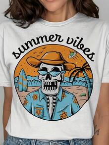 Summer Vibes Skeleton T-Shirt, Beach Skull Shirt, Funny Summer , Alien UFO T Shirt, Hawaan Skeleton Vation Shirt - Blanco - Ver 1