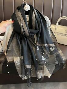 1pc Bohemian Style Elegant Floral Embroidered Silk Scarf, Casual Business Shawl, Suitable For Daily Wear