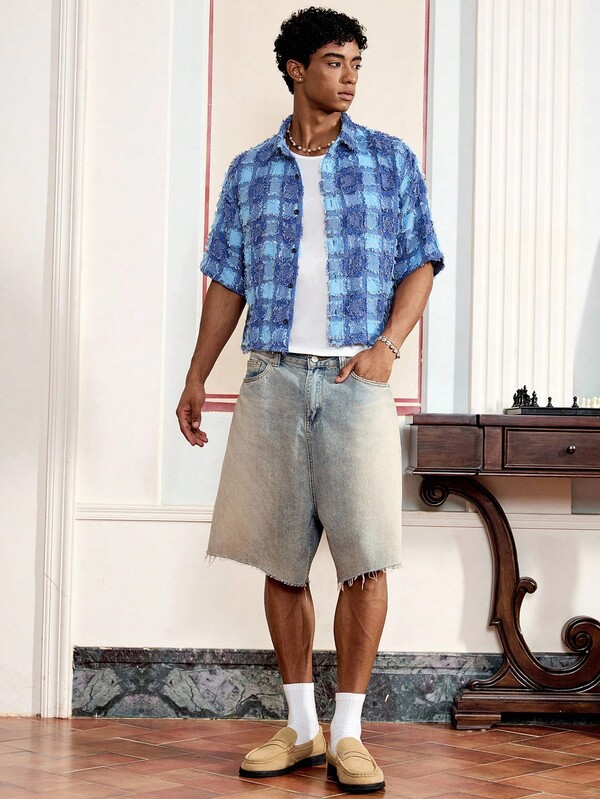 Men's Plaid Woven Short Sleeve Crop Top Blue Shirt, Suitable For Summer, Streetwear Ready