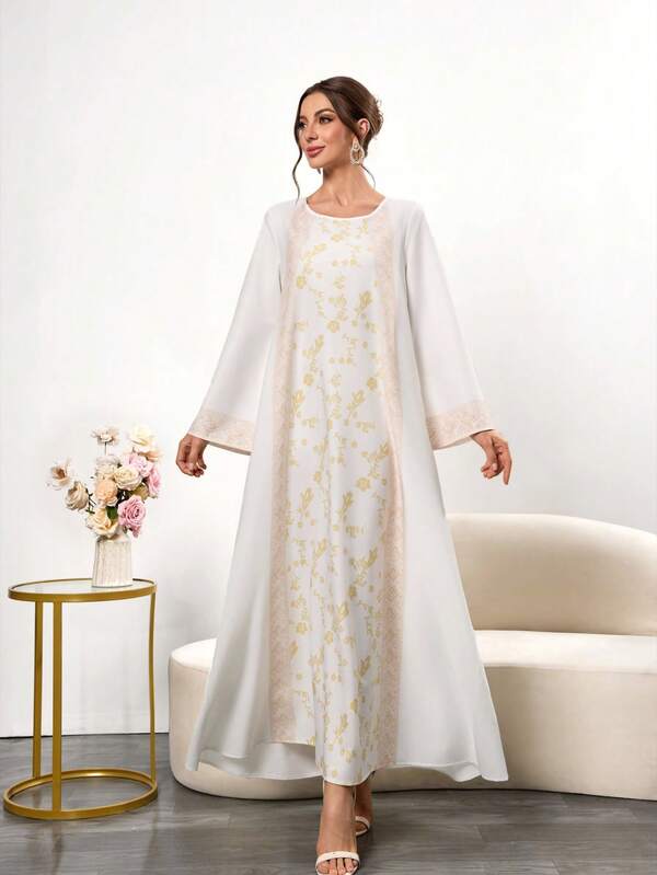 1pc Floral Print Woven Fabric Long Dress For Women, Everyday Wear, Spring/Summer/Autumn