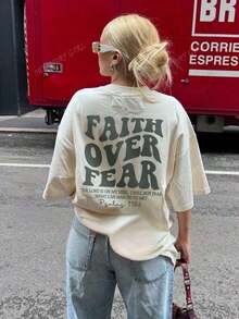 180g Faith Over Fear Christian Graphic-Shirt |   Women's Casual Vacation Bible Verse Tee |   Summer Round Neck Short Sleeve Top Summer-Shirt Women Casual Loose Top Letter Print Tee - 杏色 - 查看 8
