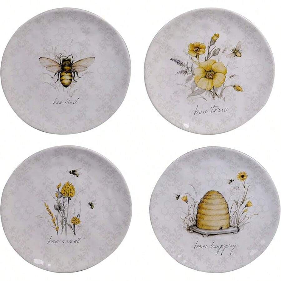 Certified International - Platos de ensalada y postre de cerámica de 8.5 pulgadas, juego de 4 – diseños surtidos de abejas y florales con refranes edificantes, vajilla Cottagecore para - 21,59 centímetros - Ver 1