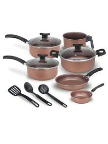 Cookware Set Casserole Set 9 Pieces Kit Nonstick Glass Lid Elegance With Cutlery - 巧克力棕 - 查看 2