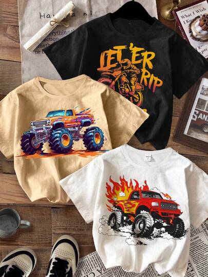 Conjunto de 3 camisetas de manga corta con cuello redondo para niño pequeño con estampado de vehículos de dibujos animados, camión monstruo y scooter, para el verano