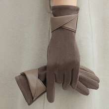 1 Double Women's Elegant Touch Screen Gloves, Warm In Winter, Thermal Lined, Elastic, Solid Color, Bow Design, Breathable Weave, Suitable For Leisure Outing, Cycling, Driving