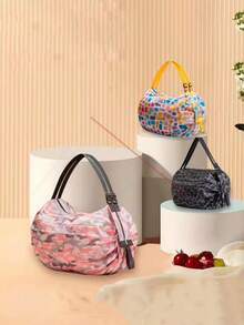 1个便携式大容量可折叠购物袋，旅行沙滩健身运动收纳袋，可装零食、衣物等，可重复使用，节省空间，适合购物、旅行，单肩包，女士手提包 - 彩色 - 查看 3