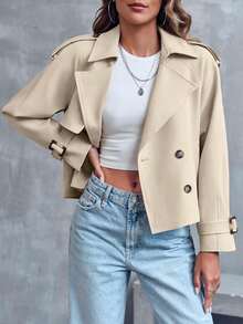 Women's Cropped Raglan Sleeve Double Breasted Trench Coat With Pockets Perfect For Work & Office - Light Khaki - View 2