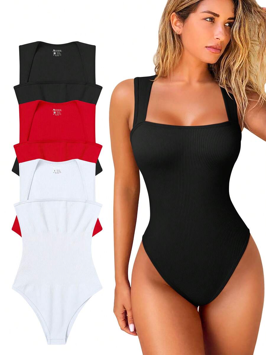 OQQ 3 Piece Bodysuits For Women Sexy Ribbed Strappy Square Neck Stretch Tank Tops Bodysuits - Đen, đỏ, trắng - Xem 1