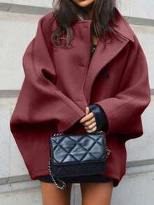 Women's Elegant Casual Autumn Coat, Lapel Collar Long Sleeve With Pockets, Short Double-Breasted Design - Burgundy - View 1