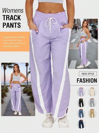 Women's Baggy Wide Leg Y2K Track Pants Casual Contrast Color Drawstring Elastic Waist & Workout Ready