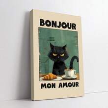 1幅黑猫海报，“Bonjour Mon Amour”绿色文字黑猫早餐艺术画，现代帆布艺术，适合厨房、客厅或家庭办公室装饰，无框，室内装饰 | 艺术墙贴 | 时尚家居装饰，猫咪装饰 - 彩色 - 查看 19