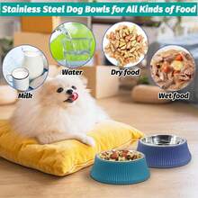 Kathson 2PCS Stainless Steel Dog Bowls Set Removable No Tip Puppy Food And Water Feeder Bowl Basic Metal Small Dog Bowls For Dogs Cats Rabbit Guinea Pigs Ferret FUOT - 羅馬柱(藍色,綠色) - 查看 5