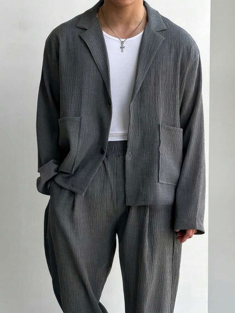 男士高品质纹理休闲西装套装，包括夹克和宽松长裤，春秋季 - 灰色 - 查看 7