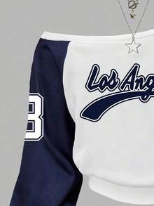 Tween Girl Letter Graphic Print Asymmetric Neck Sweatshirt And Sweatpants Set