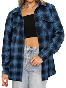 Women's Long Roll Up Sleeve Cotton Flannels Plaid Shirts Classic Fit Button Down Shirt Blouses With Pockets