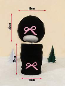 2pcs/Set Girls Embroidered Bow Knit Hat + Scarf Two Pieces Set, Warm Embroidered Bow Knit Set For Autumn/Winter, Children Two Pieces Knit Hat Set, Fashion Knit Hat Set