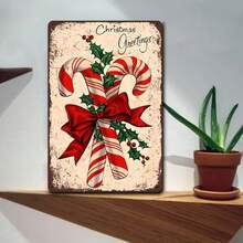 2D Flat, 1pc 12x8 Inch Vintage Christmas Metal Wall Art Sign, Candy Cane & Holly Berry Decor With Red Ribbon Bow, Rustic Iron Holiday Plaque, Suitable For Home Garden, Random Hole Style - Multicolor - View 3