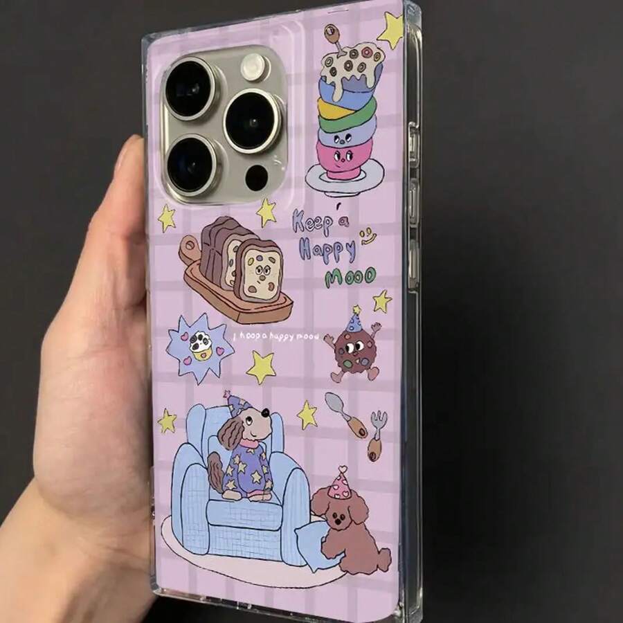 Lindo sofá de dibujos animados Perro Nuevo Cubo Agujero grande Teléfono móvil en ángulo recto Adecuado 16/15/14/13/12 Pro 14 15 16 Plus 12pro Superficie brillante Protección anticaída Vacaciones Cumpleaños - transparente - Ver 1