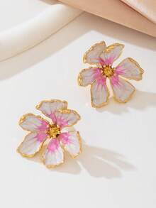 2 件时尚简约金属花朵耳钉，优雅百搭耳环，适合女性度假佩戴 - 白粉紅色 - 查看 3