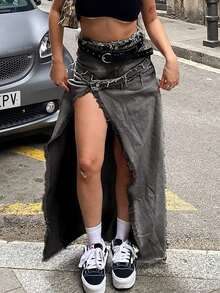 Y2K复古水洗毛边不对称下摆修身牛仔裙，纽扣可转换成牛仔迷你裙，性感音乐节 - 黑灰色 - 查看 4