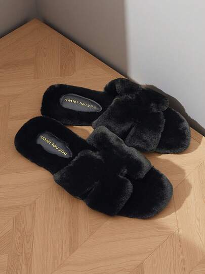 女士蓬松柔软毛绒一脚蹬拖鞋、温暖舒适的露趾毛绒家居鞋、舒适的室内/室外穿着、透气的黑色毛绒一脚蹬拖鞋、冬季轻便室内地板拖鞋、纯色毛绒卧室拖鞋