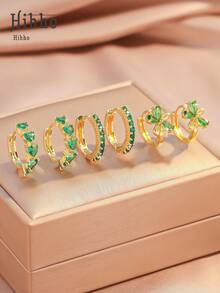 Hihho 6 件/套迷人时尚闪亮绿色锆石镶嵌五瓣花耳环和心形锆石镶嵌经典单排环状耳环，奢华珠宝耳环礼物，优雅魅力金耳环搭配日常服装 - 綠色 - 查看 6