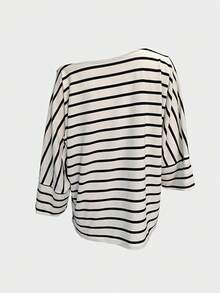Women's Casual Striped Batwing Sleeve Asymmetrical Neck T-Shirt, Autumn - Multicolor - View 4